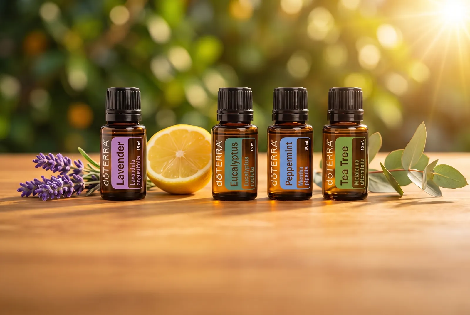 doTERRA essentiële oliën Lavender, Eucalyptus, Peppermint en Tea Tree op een houten tafel met lavendel en citroen
